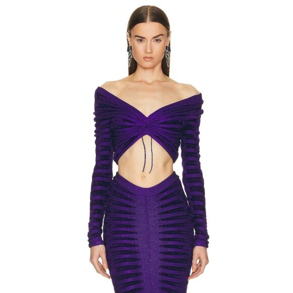 ALAÏA 3d Velvet Top in Ultraviolet 42 New Womens Cropped Knit Blouse - Picture 2 of 16